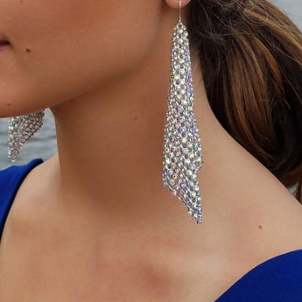 Hand-made long Rhinestone Mesh Earring